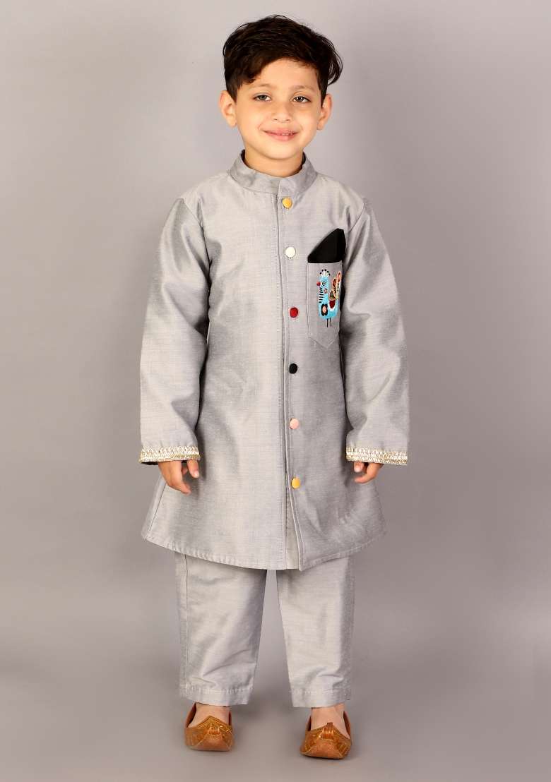 Grey Embroidered Cotton Silk Bandhgala Sherwani For Boys - Indya