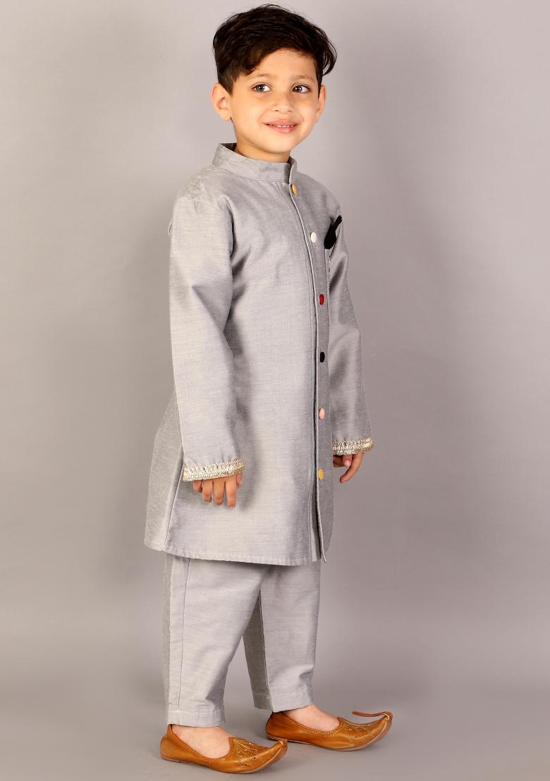 Grey Embroidered Cotton Silk Bandhgala Sherwani For Boys