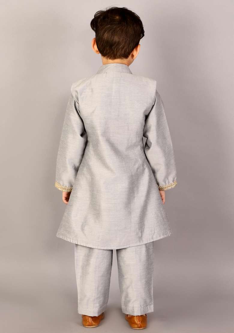 Grey Embroidered Cotton Silk Bandhgala Sherwani For Boys - Indya