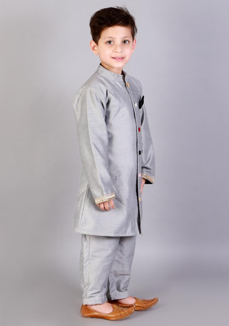 Grey Embroidered Cotton Silk Bandhgala Sherwani For Boys