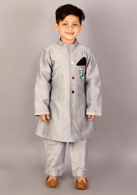 Grey Embroidered Cotton Silk Bandhgala Sherwani For Boys