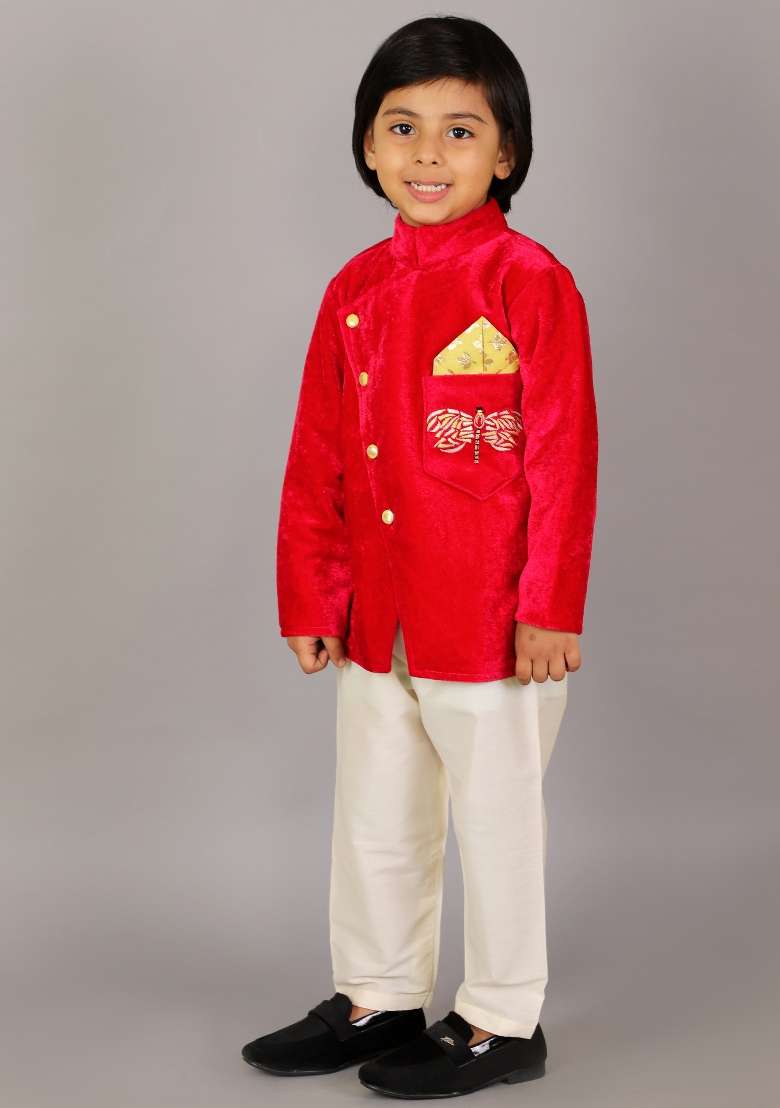 Pink Embroidered Velvet Bandhgala Set For Boys - Indya
