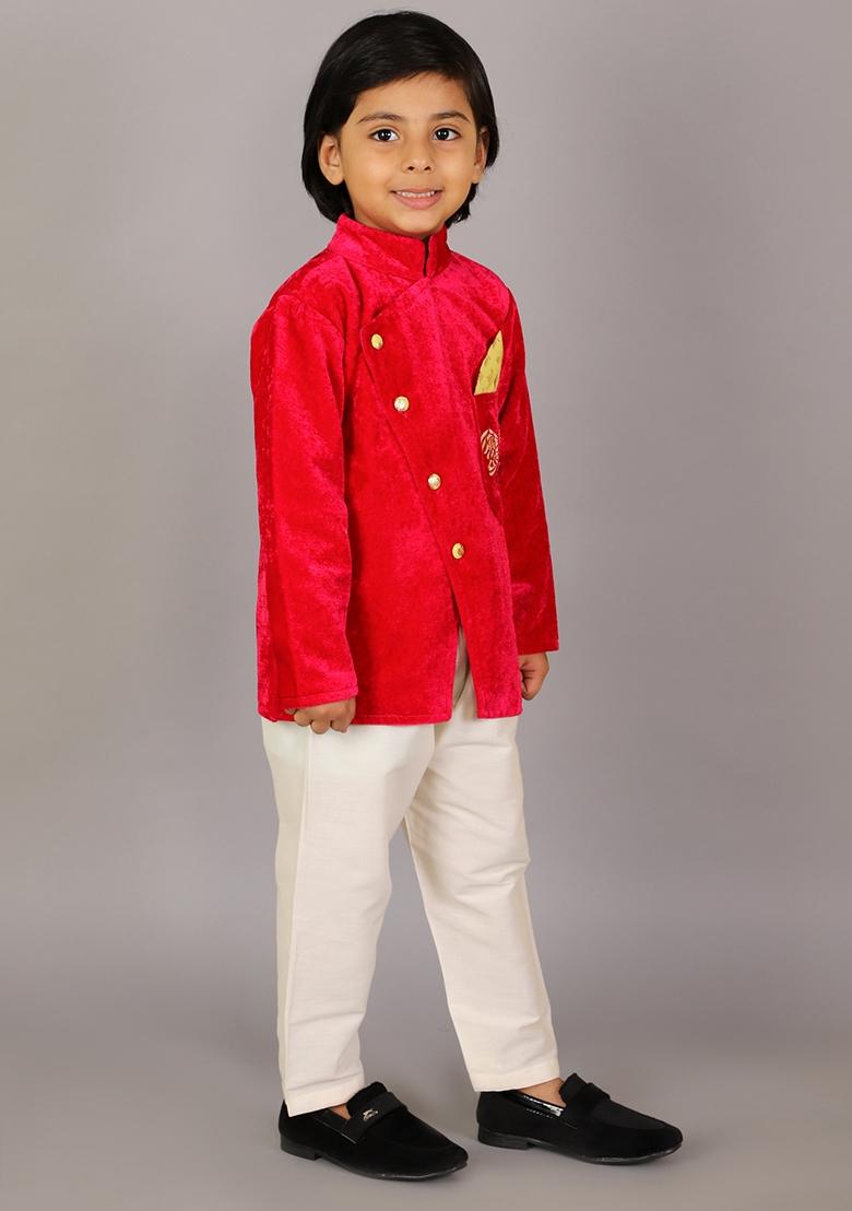 Pink Embroidered Velvet Bandhgala Set For Boys