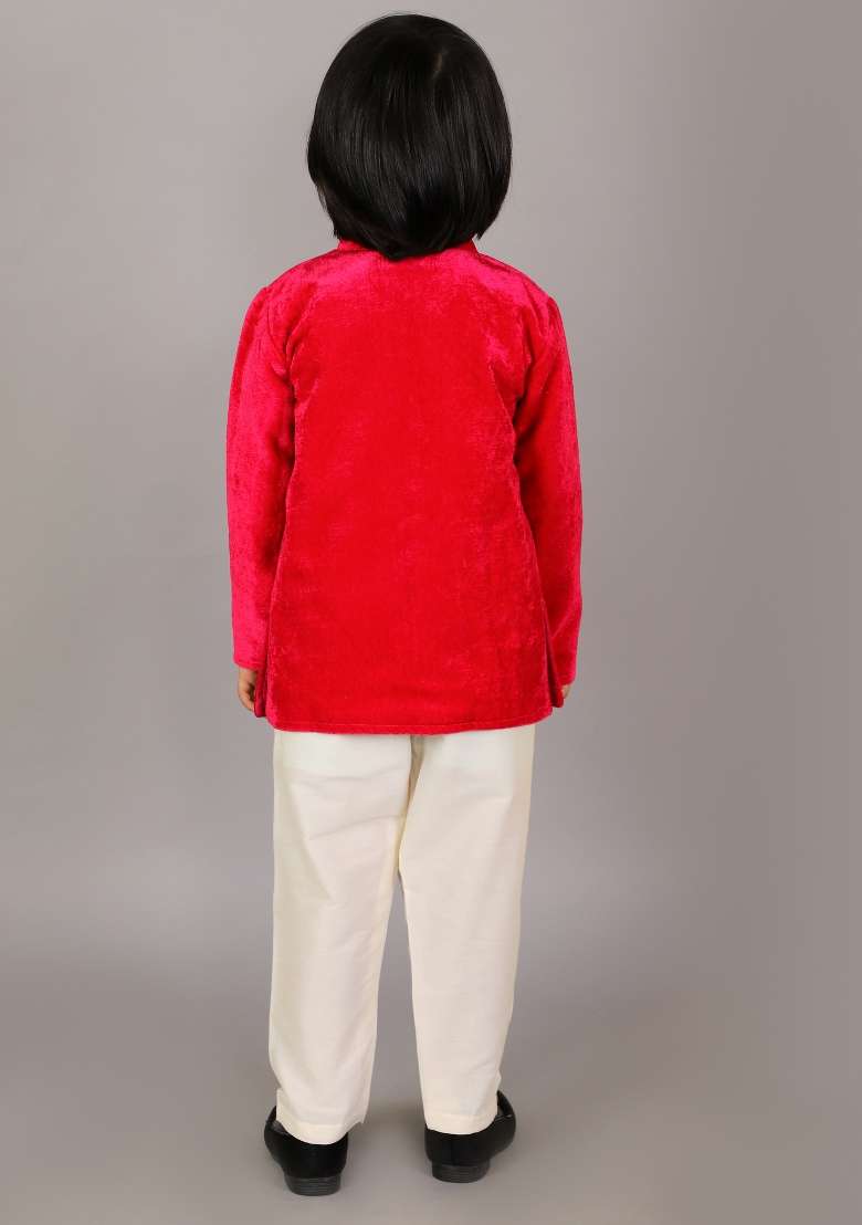 Pink Embroidered Velvet Bandhgala Set For Boys - Indya
