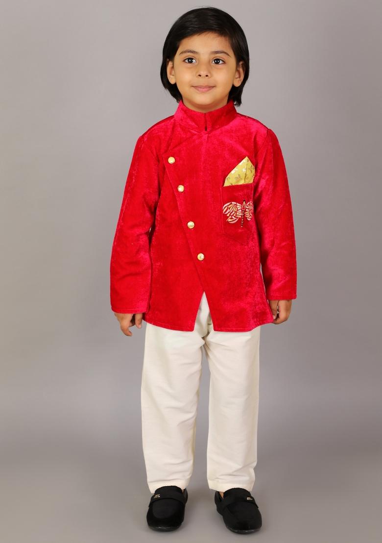 Pink Embroidered Velvet Bandhgala Set For Boys