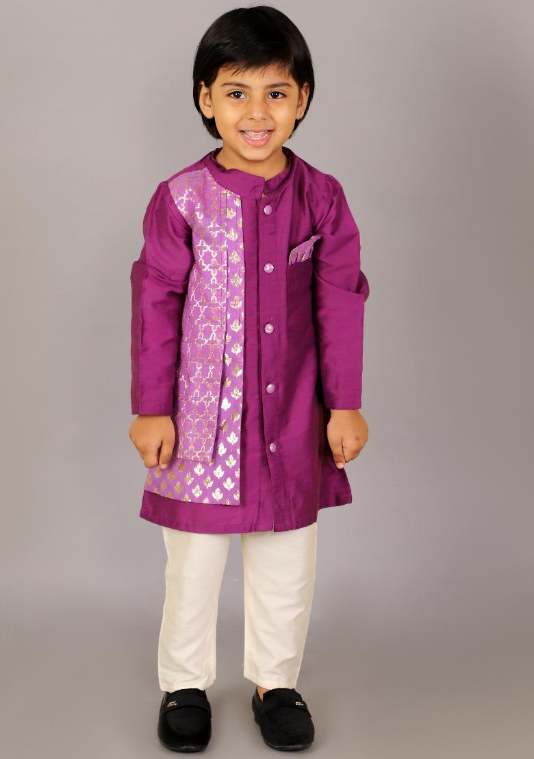 Purple Embroidered Cotton Silk Kurta Set For Boys