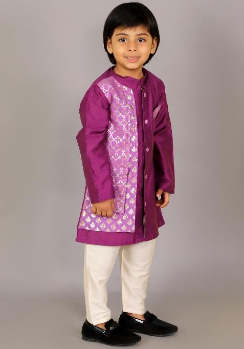 Purple Embroidered Cotton Silk Kurta Set For Boys