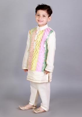 Off White Embroidered Cotton Silk Kurta Set For Boys