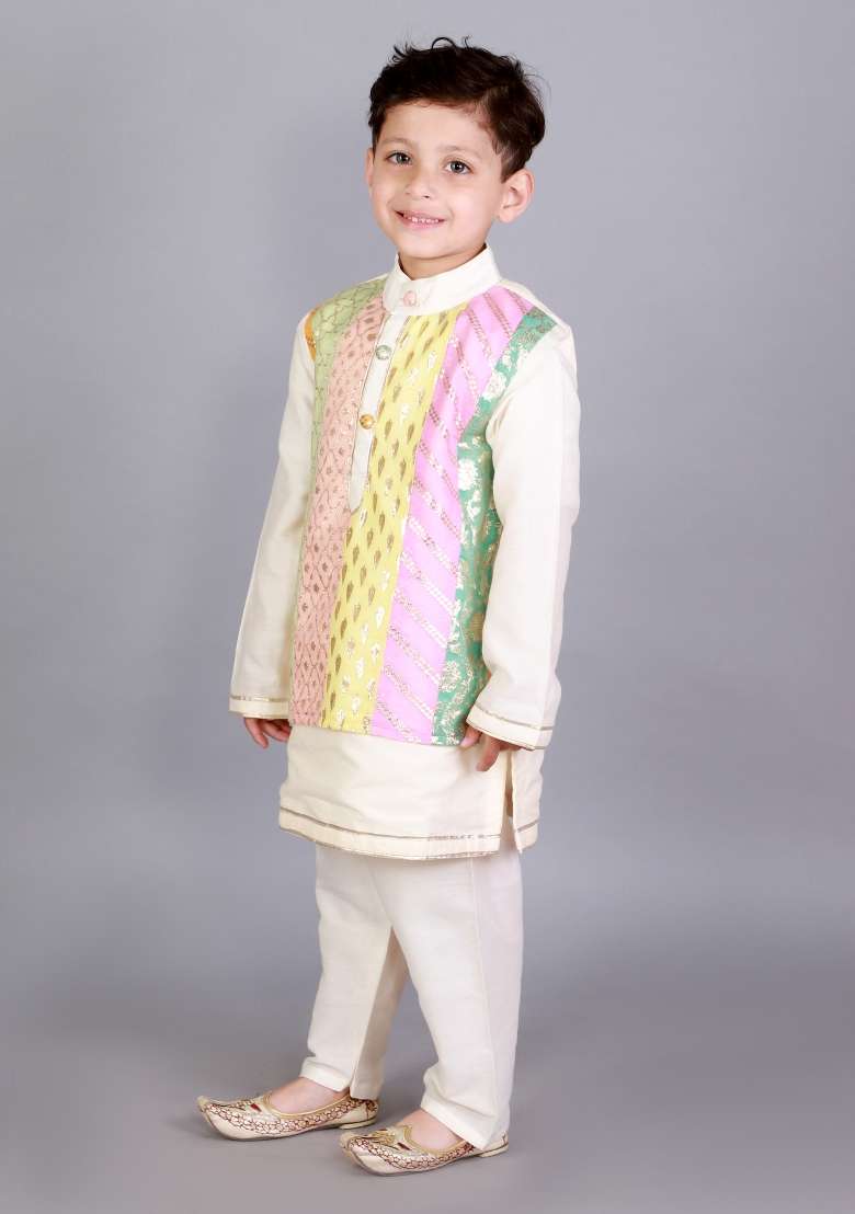 Off White Embroidered Cotton Silk Kurta Set For Boys - Indya