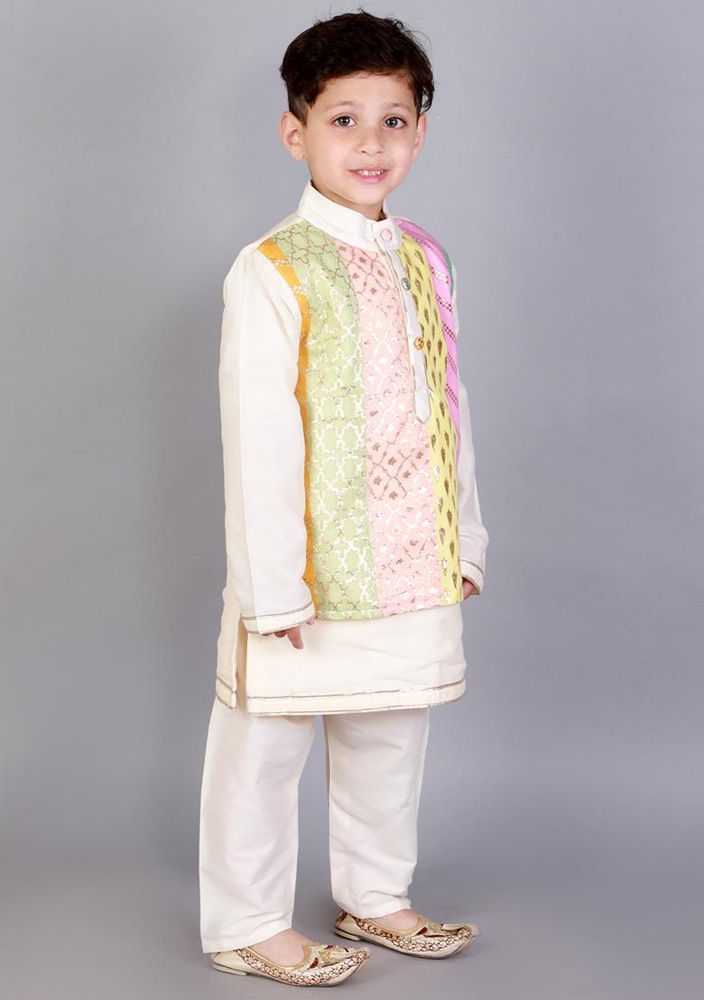 Off White Embroidered Cotton Silk Kurta Set For Boys