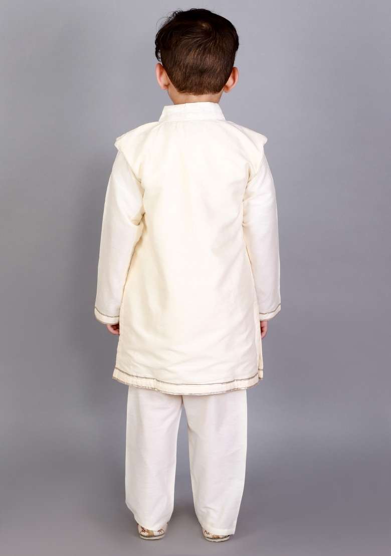 Off White Embroidered Cotton Silk Kurta Set For Boys - Indya