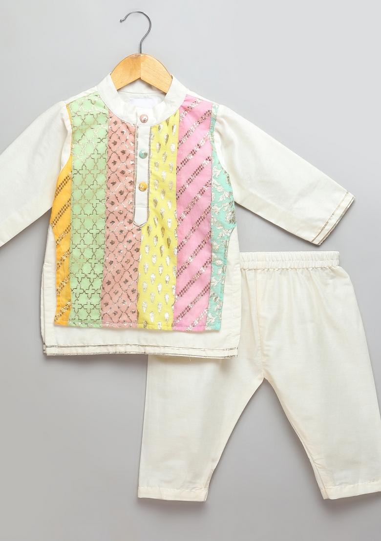 Off White Embroidered Cotton Silk Kurta Set For Boys