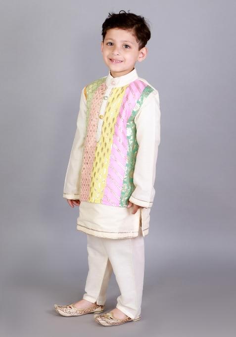 Off White Embroidered Cotton Silk Kurta Set For Boys
