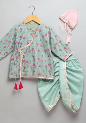 Mint Green Embroidered Cotton Silk Kurta Dhoti Set Janmashtmi For Boys