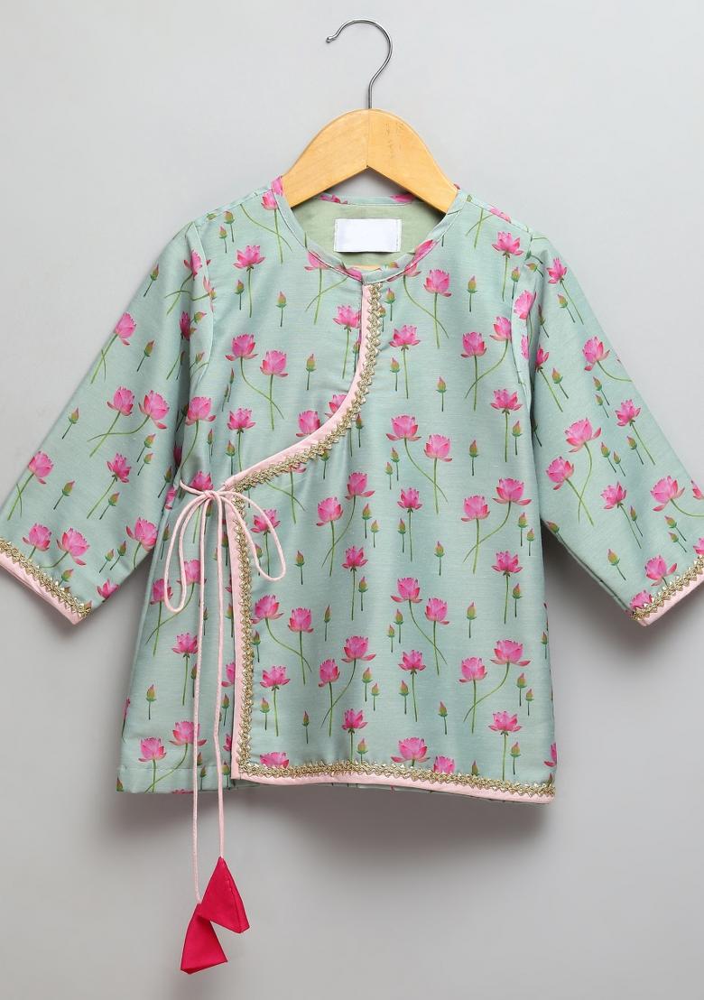 Mint Green Embroidered Cotton Silk Kurta Dhoti Set Janmashtmi For Boys