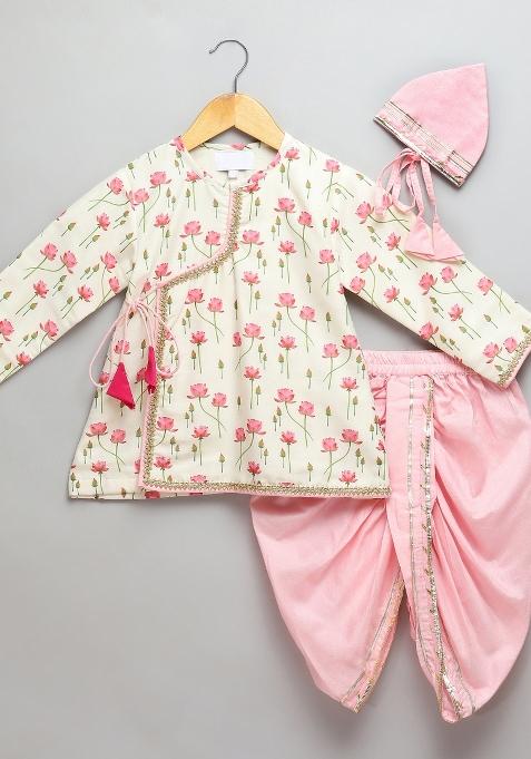 Off White Embroidered Cotton Silk Kurta Dhoti Set Janmashtmi For Boys