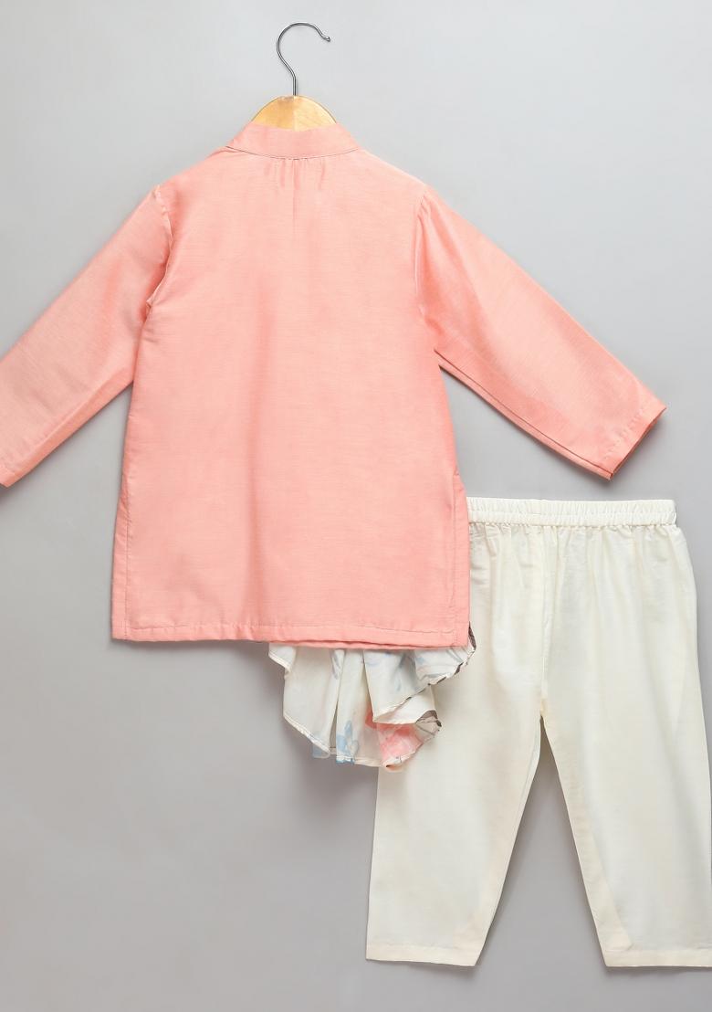 Peach Embroidered Cotton Silk Kurta Set For Boys