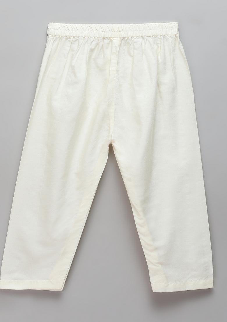 Peach Embroidered Cotton Silk Kurta Set For Boys