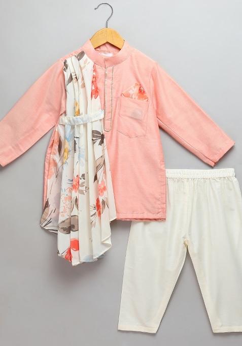Peach Embroidered Cotton Silk Kurta Set For Boys
