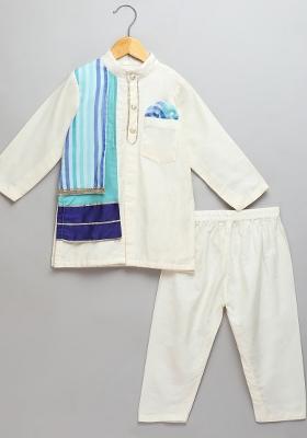 Off White Embroidered Cotton Silk Kurta Set For Boys