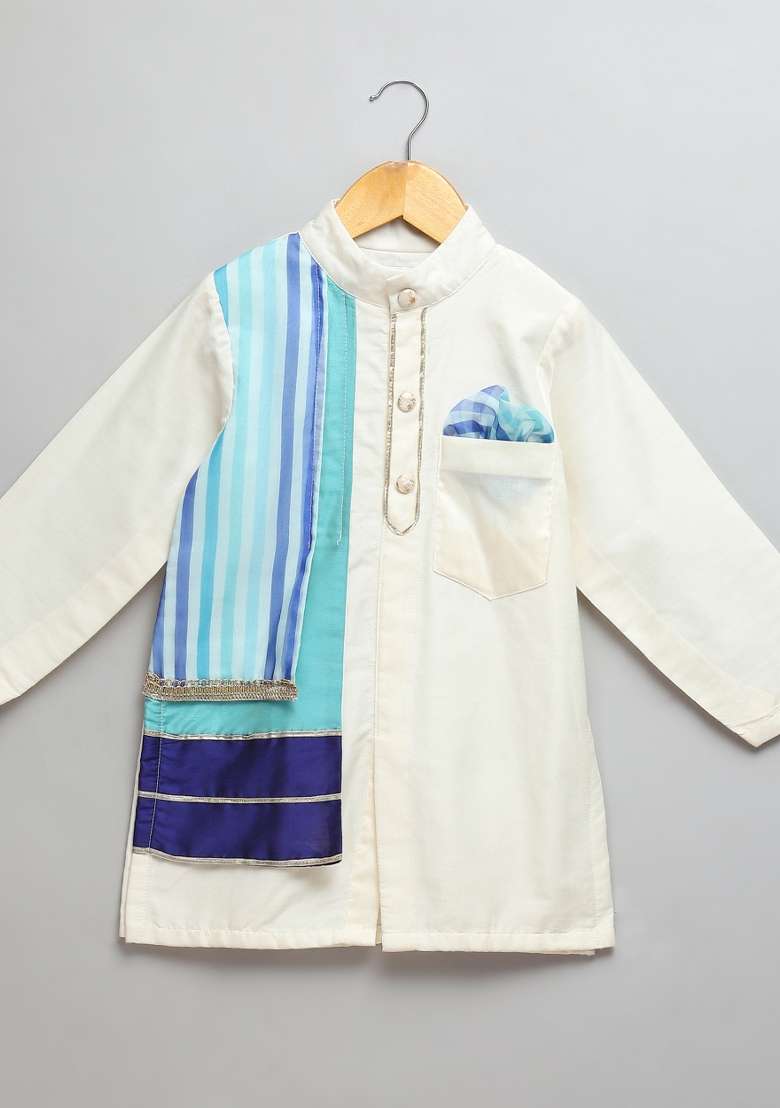 Off White Embroidered Cotton Silk Kurta Set For Boys - Indya