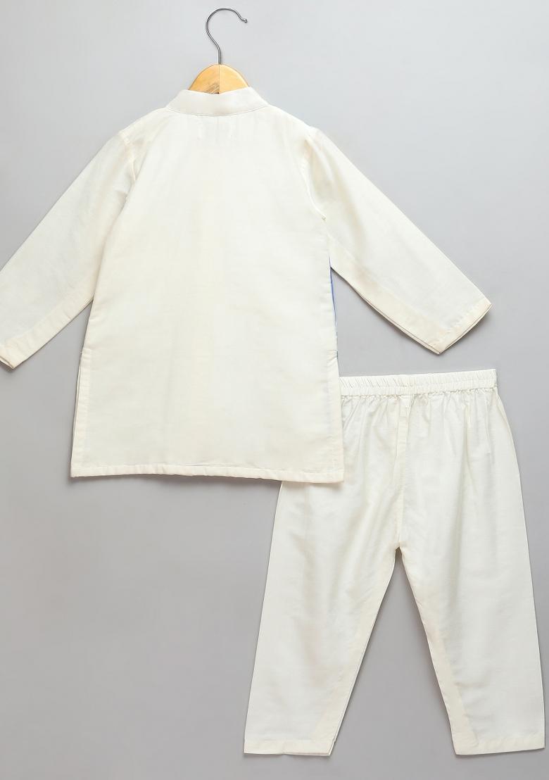 Off White Embroidered Cotton Silk Kurta Set For Boys