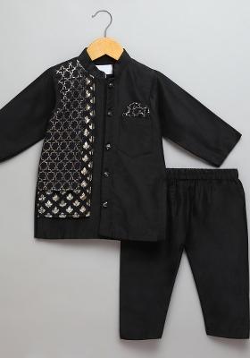 Black Embroidered Cotton Silk Kurta Set Eid For Boys