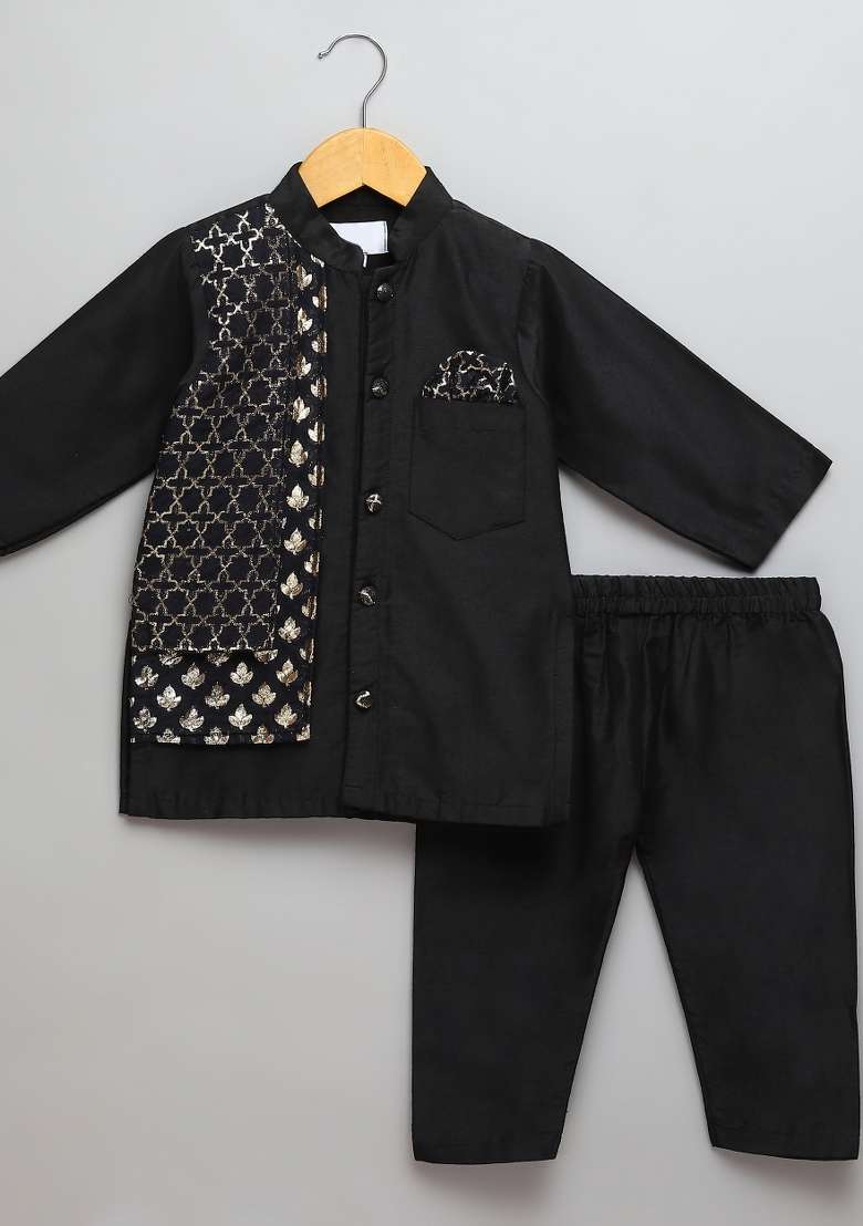Black Embroidered Cotton Silk Kurta Set Eid For Boys - Indya