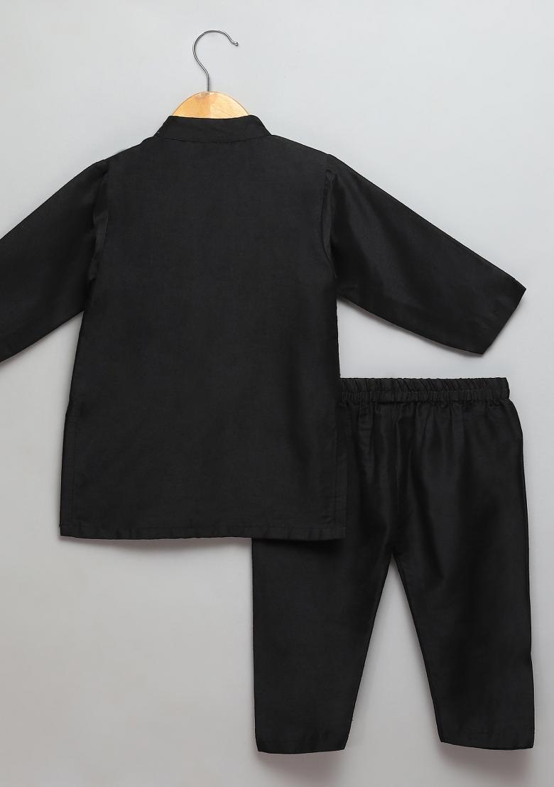 Black Embroidered Cotton Silk Kurta Set Eid For Boys