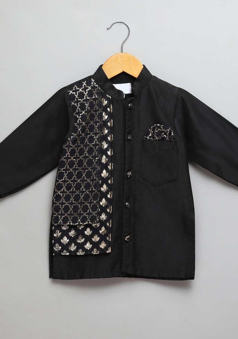 Black Embroidered Cotton Silk Kurta Set Eid For Boys - Indya