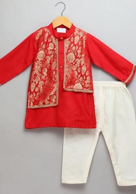 Red Embroidered Cotton Silk Kurta Set Eid Diwali For Boys