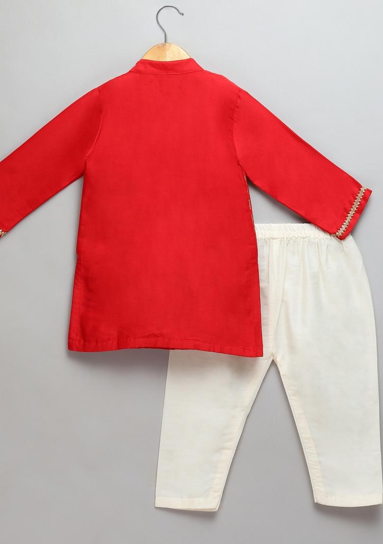 Red Embroidered Cotton Silk Kurta Set Eid Diwali For Boys