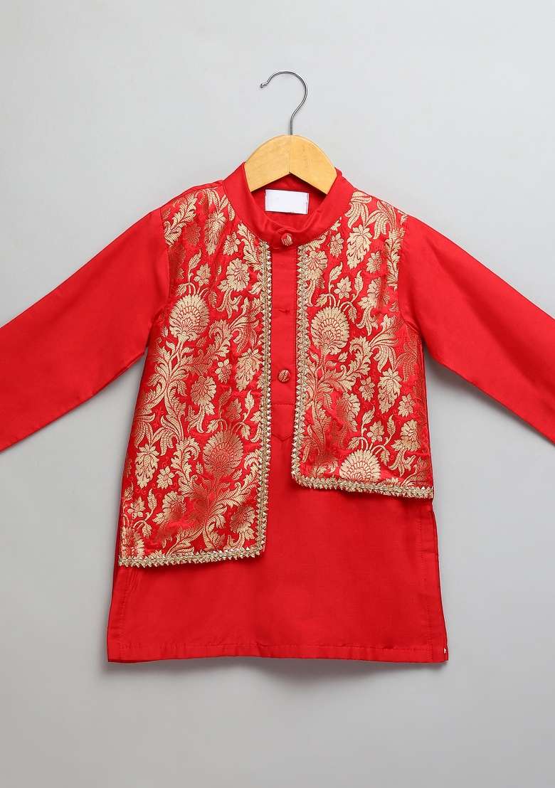 Red Embroidered Cotton Silk Kurta Set Eid Diwali For Boys - Indya