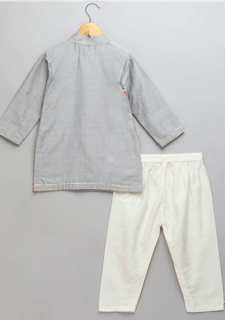 Grey Embroidered Cotton Silk Kurta Set For Boys - Indya
