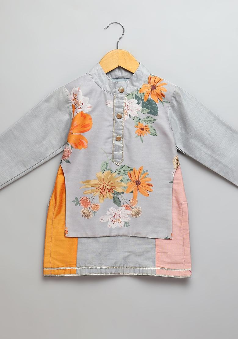 Grey Embroidered Cotton Silk Kurta Set For Boys