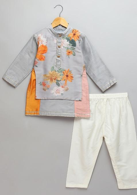 Grey Embroidered Cotton Silk Kurta Set For Boys