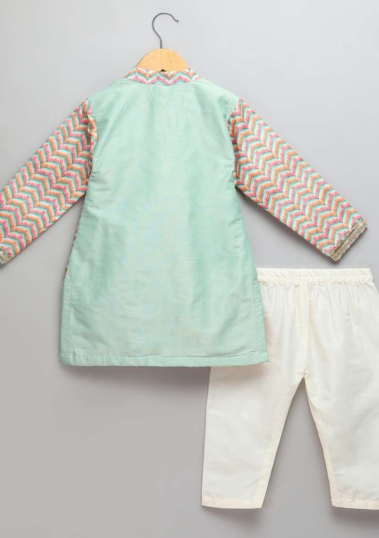 Green Embroidered Cotton Silk Kurta Set For Boys - Indya