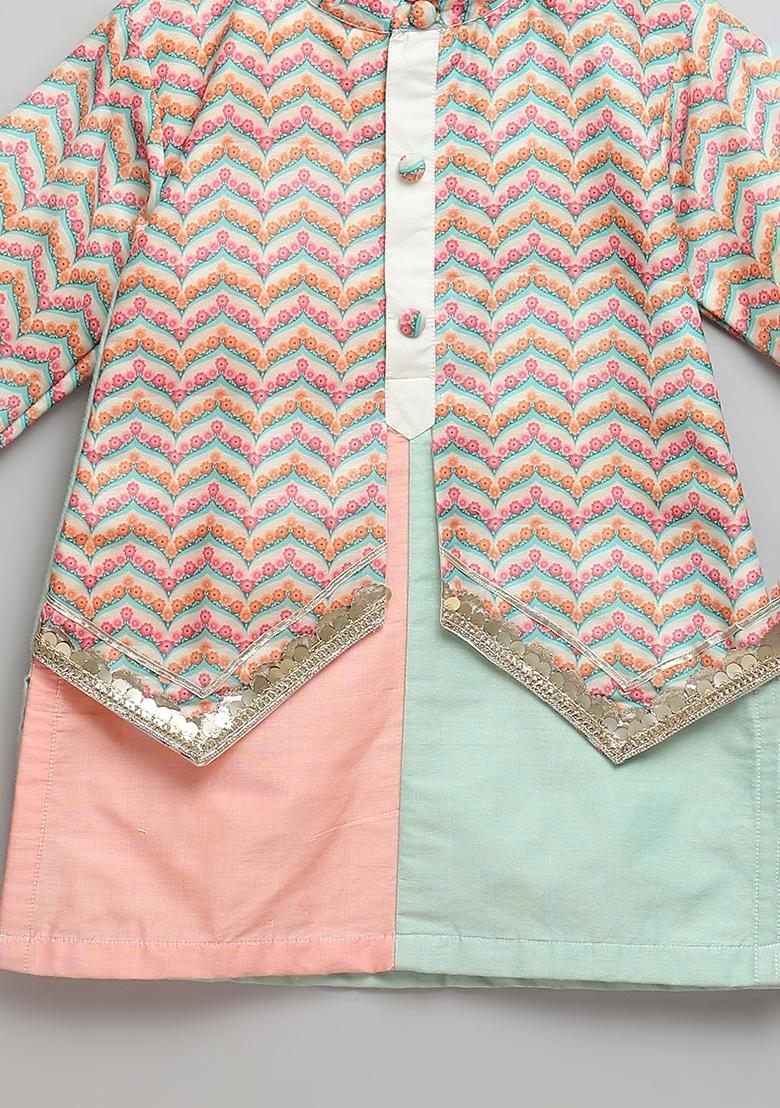 Green Embroidered Cotton Silk Kurta Set For Boys