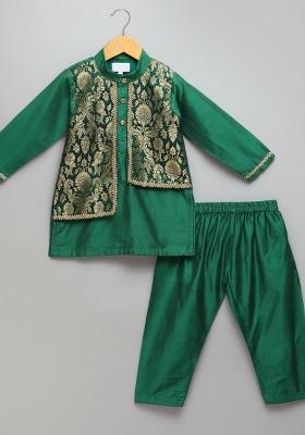 Green Embroidered Cotton Silk Kurta Set Eid Diwali For Boys