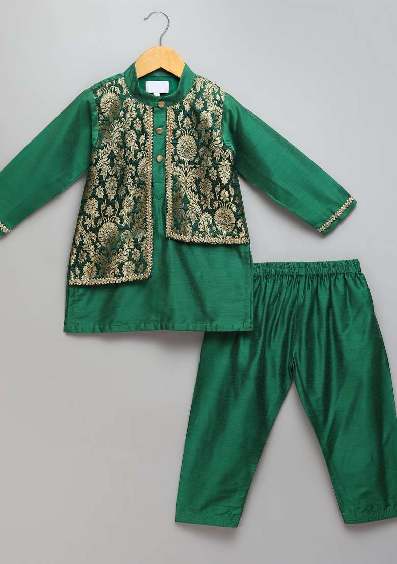 Green Embroidered Cotton Silk Kurta Set Eid Diwali For Boys - Indya