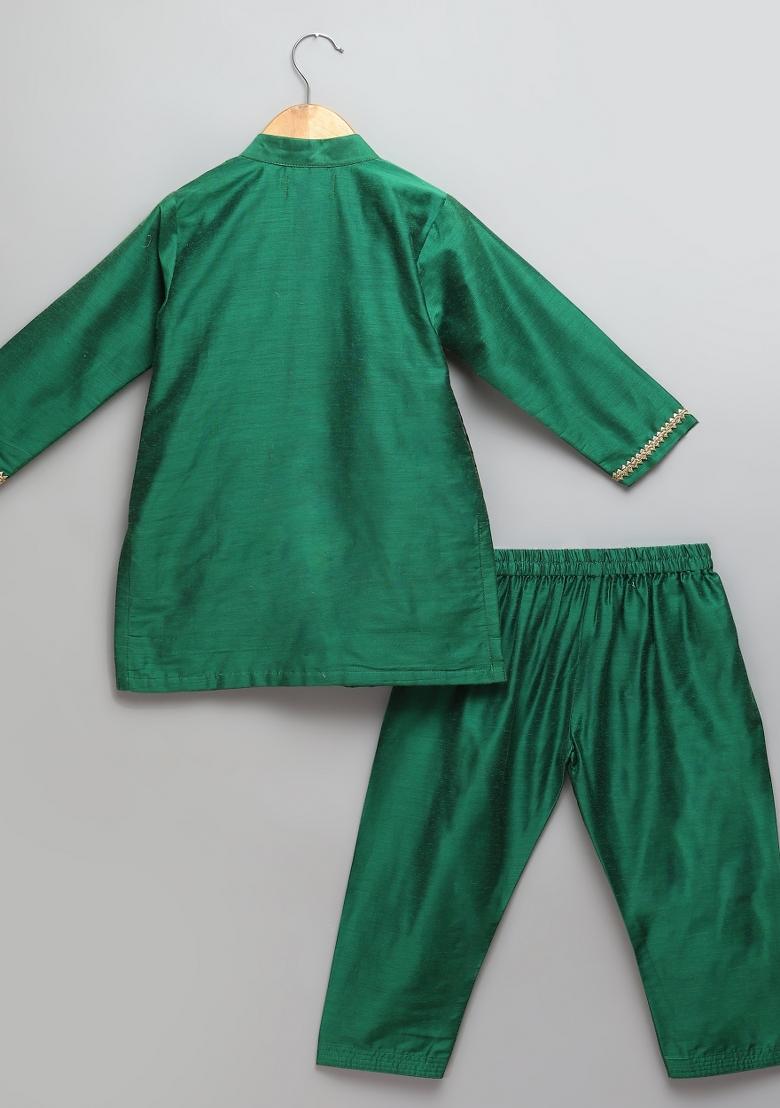 Green Embroidered Cotton Silk Kurta Set Eid Diwali For Boys
