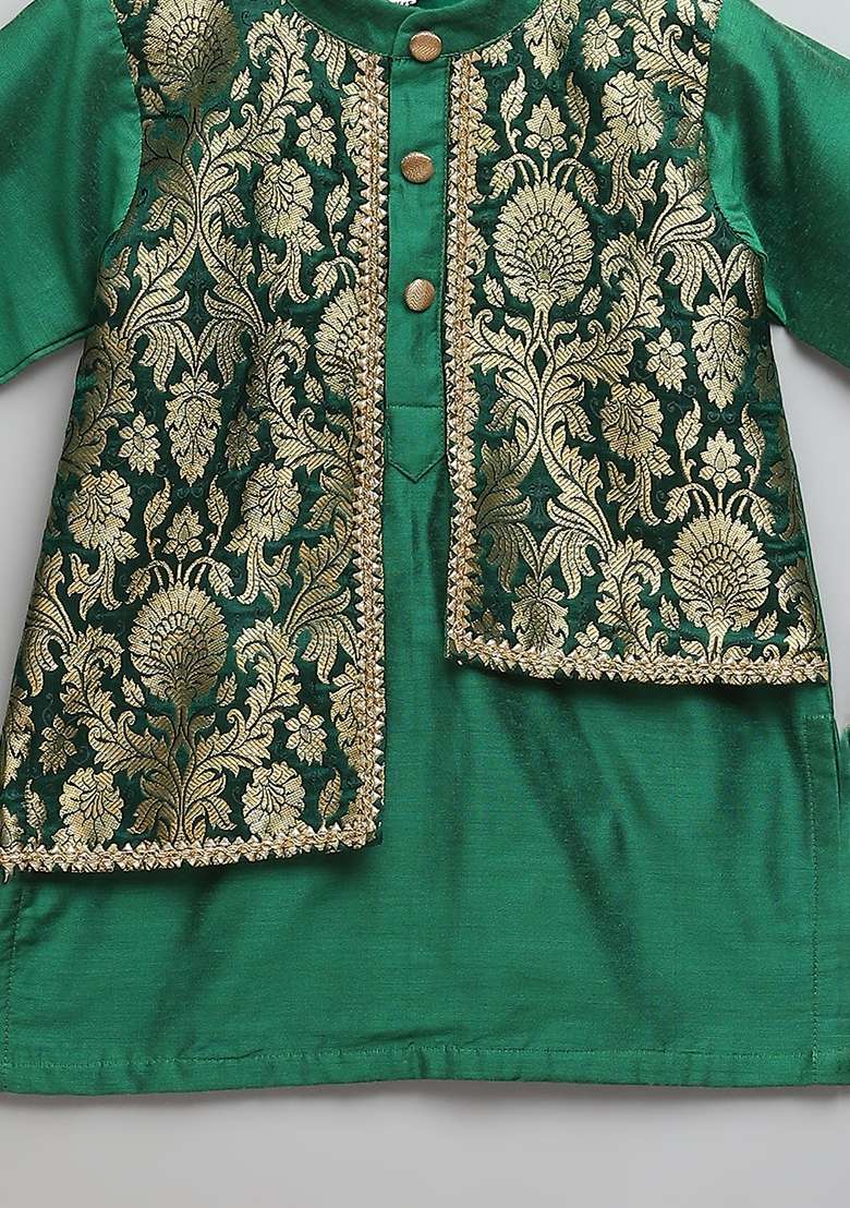 Green Embroidered Cotton Silk Kurta Set Eid Diwali For Boys - Indya
