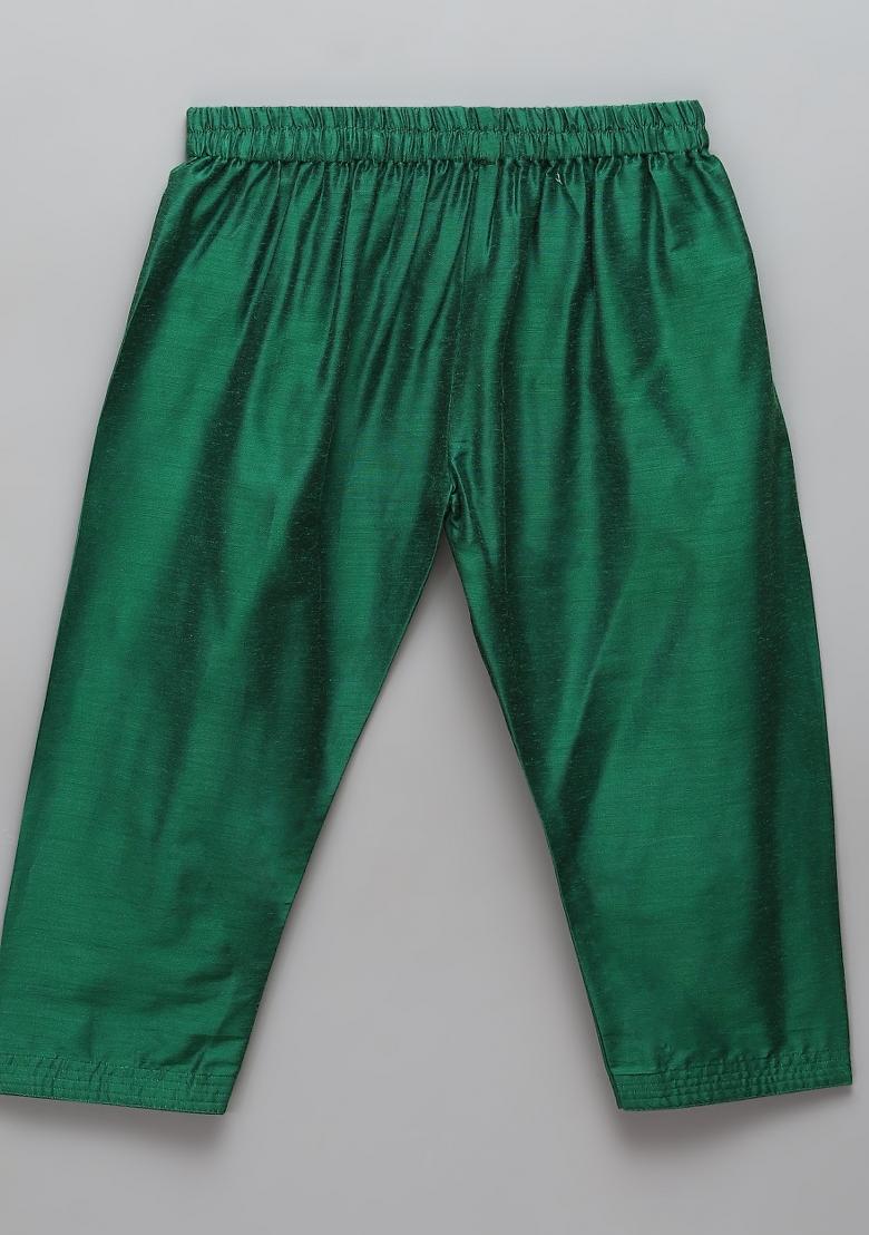 Green Embroidered Cotton Silk Kurta Set Eid Diwali For Boys