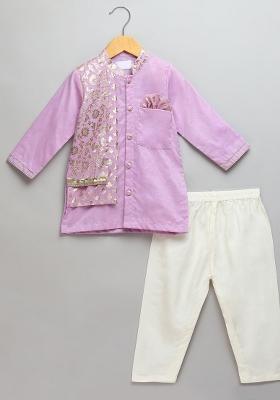 Purple Embroidered Cotton Silk Kurta Set Eid For Boys