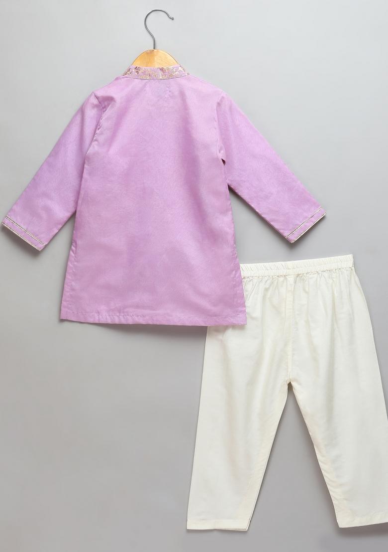 Purple Embroidered Cotton Silk Kurta Set Eid For Boys