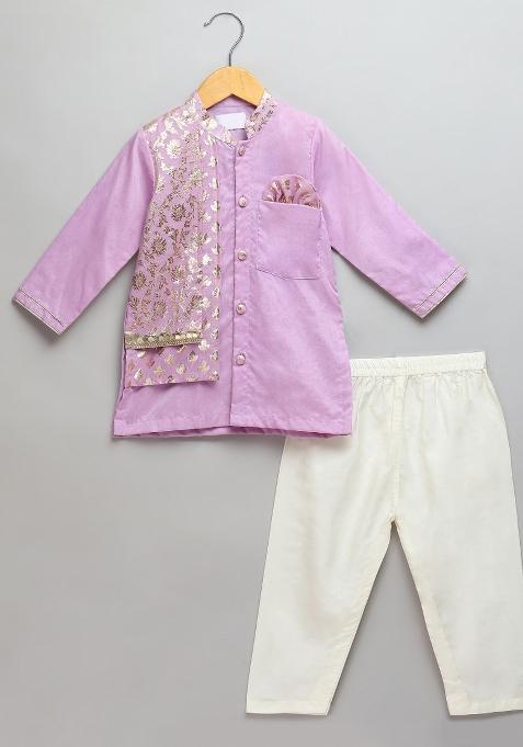 Purple Embroidered Cotton Silk Kurta Set Eid For Boys