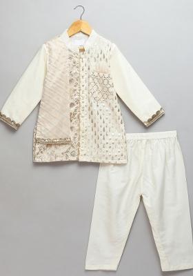 Off White Embroidered Cotton Silk Kurta Set Eid For Boys