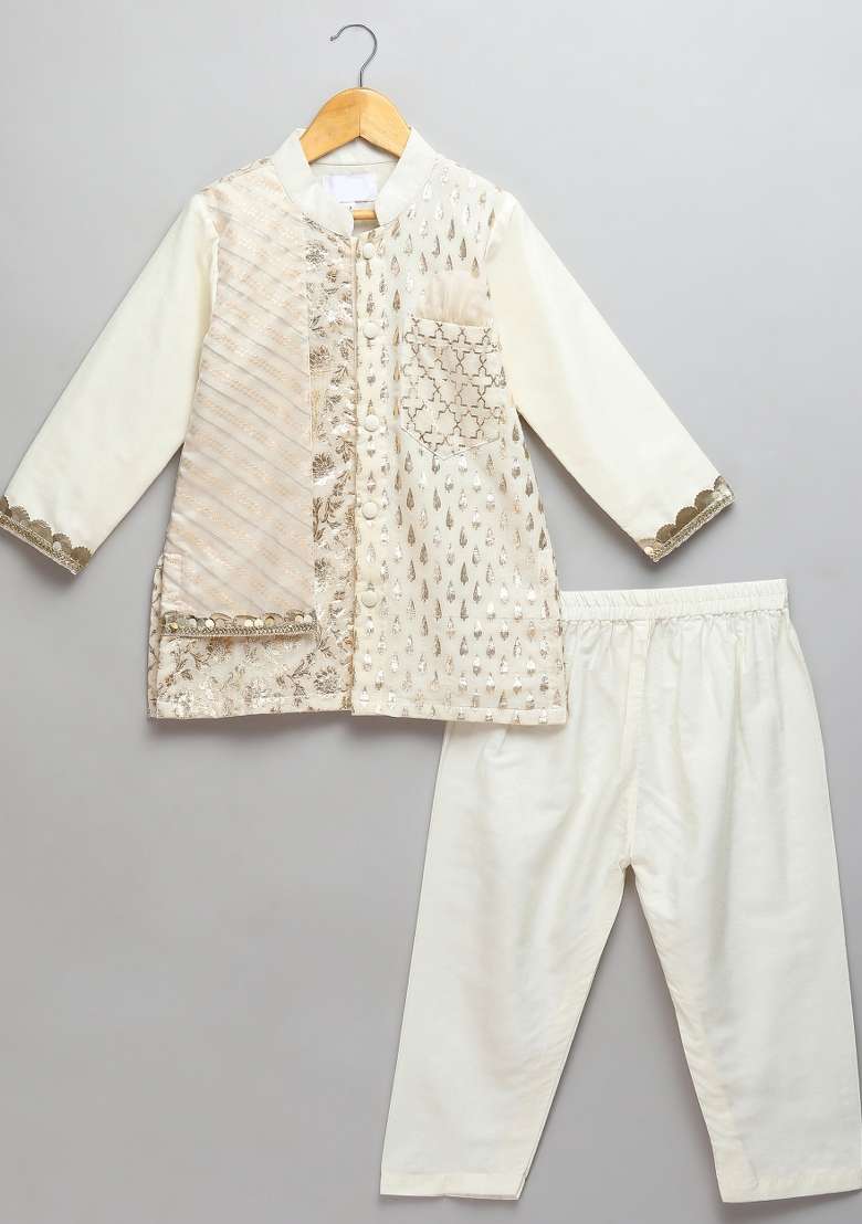 Off White Embroidered Cotton Silk Kurta Set Eid For Boys - Indya