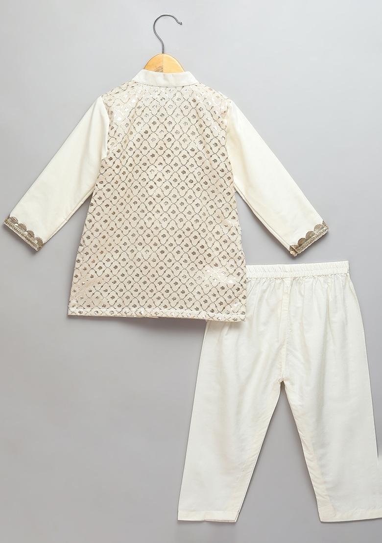 Off White Embroidered Cotton Silk Kurta Set Eid For Boys