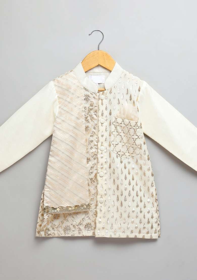 Off White Embroidered Cotton Silk Kurta Set Eid For Boys - Indya